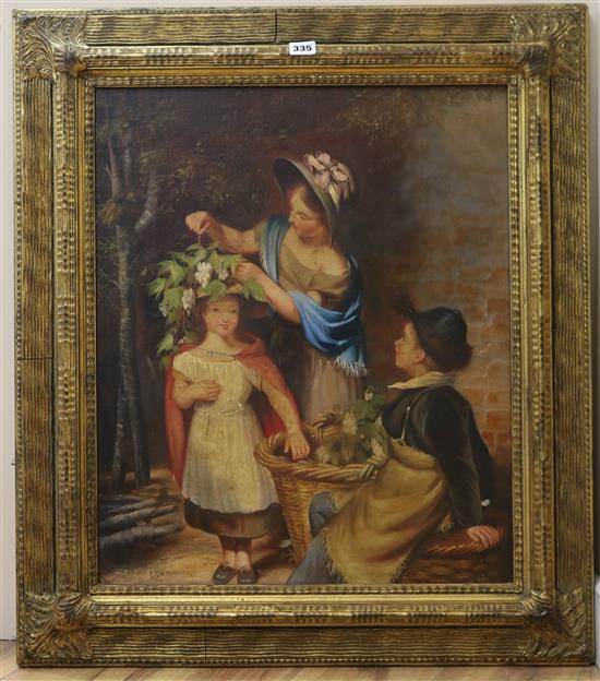 Victorian style, oil on canvas board, Mother and children playing with hop blossom, initialled EDK, 60 x 50cm